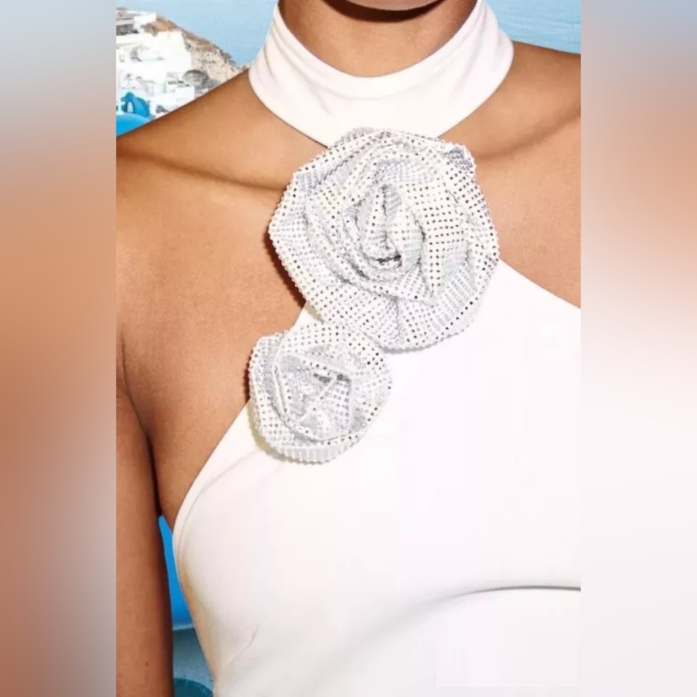 ZARA WHITE FLORAL JEWEL RHINESTONE HALTER NECK BODYSUIT